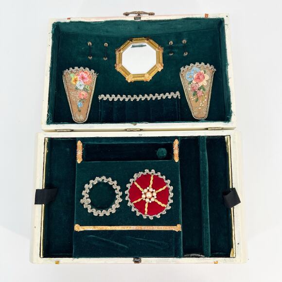 Custom Artisan Upcycled Trinket Sewing Box Decoupage Hand Painted Velvet Mirror - Picture 8 of 16